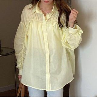 Long-sleeve Plain Ruched Loose Fit Sheer Shirt