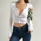 Long-sleeve V-neck Henley Cropped Knit Top