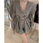 Tie Neck Plain Blouse / Shorts