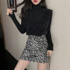 Turtleneck Knit Top / Knit Vest / Zebra-print Mini Skirt
