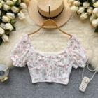 Puff-sleeve Square-neck Print Lace Cropped Top