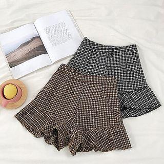 Color-block Plaid High-waist Ruffled-trim Wide-leg Shorts