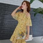 Halter Bell-sleeve Floral Printed Chiffon Dress