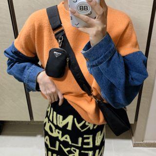 Denim-sleeve Boxy Knit Top