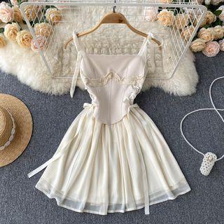 Suspender Drawstring Lace Panel Chiffon Dress