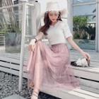 Set: Short-sleeve Top + Pleated Midi Skirt Top - White - One Size / Skirt - Pink - One Size