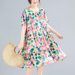 Short-sleeve Dotted A-line Dress As Shown In Figure - One Size