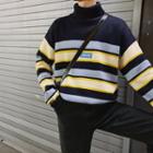 Letter Embroidered Striped Turtleneck Sweater