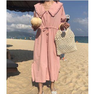 3/4-sleeve Collared Drawstring Midi Dress