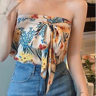 Strapless Floral Print Tie-front Camisole Top Camisole Top - Almond - One Size