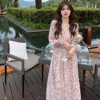 Long-sleeve V-neck Floral Dress As Show In Figure - One Size