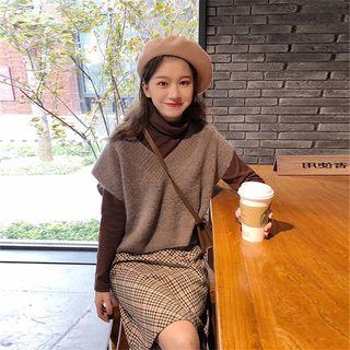 Set: Long-sleeve Top + Knit Vest + Midi Plaid A-line Skirt