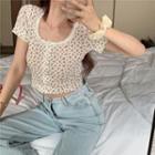 Short-sleeve Lace Trim Floral Cropped Top Floral - One Size