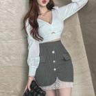 Set: Puff-sleeve Crop Shirt + Pinstriped Pencil Skirt