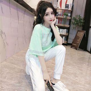 Rhinestone Panel Elbow-sleeve T-shirt / Drawstring Harem Pants