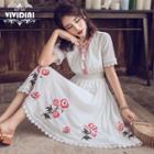Short-sleeve Embroidered Floral Lace Trim A-line Midi Dress