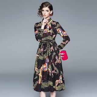 Long-sleeve Horse Print Midi A-line Collared Dress