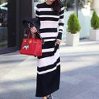 Striped Long-sleeve Knit A-line Midi Dress Stripes - Black & White - One Size