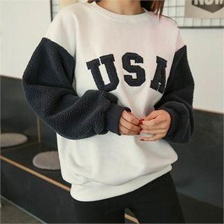Color-block Lettering Fleece Sweatshirt
