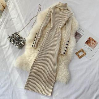 Long-sleeve Turtleneck Ribbed Midi Knit Dress
