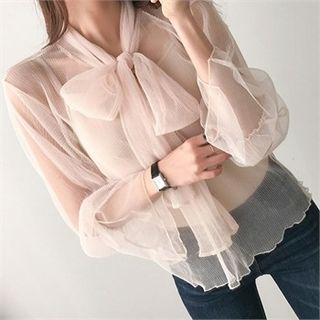 Set: Tie-neck See-through Blouse + Camisole