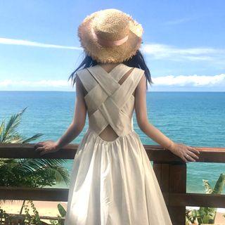 Plain High-waist Open-back Midi Dress