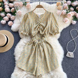 V-neck Floral Cutout Wide-leg Playsuit