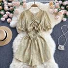 V-neck Floral Cutout Wide-leg Playsuit