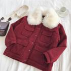 Faux-fur Collar Fleece Jacket Red - One Size