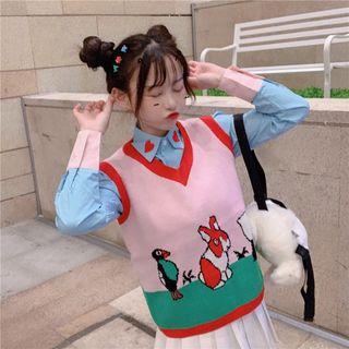 Embroidered Heart Shirt / Animal Knit Vest