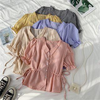 Lapel Puff-sleeve Check Blouse