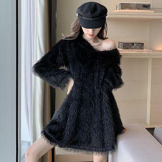 Faux-fur Long-sleeve Mini Dress