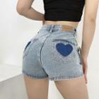 Heart Patch Washed Denim Hot Pants