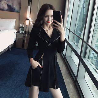 Set: Long-sleeve Zipped Mini Collared Dress + Shorts