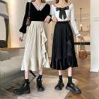 High-waist Velvet Asymmetrical Hem Ruffle Trim Skirt
