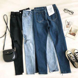 Asymmetric Distressed High-waist Cropped Jeans