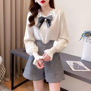 Set: Bow-accent Knit Top + Check Shorts