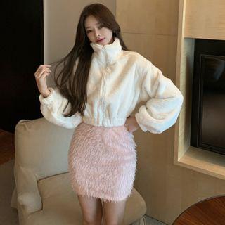 Fluffy Cropped Jacket / Spaghetti Strap Top / Mini Skirt