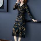 Long-sleeve Tie-waist Print Lace Trim Midi A-line Dress