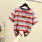 Short-sleeve Butterfly Embroidered Striped T-shirt