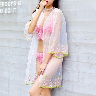 Set: Flower Applique Bikini + Flower Embroidered Cover-up