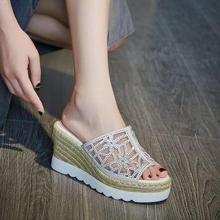 Genuine Leather Rhinestone Accent Wedge Platform Slide Sandals