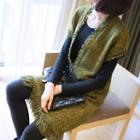 Fringed Cap Sleeve V-neck Sweater Dress