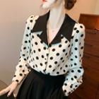 Long-sleeve Open-collar Dotted Blouse