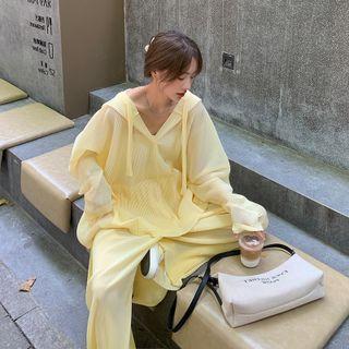 Set : Long-sleeve Hooded Top + High-waist Wide Leg Pants