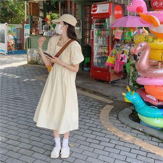 Short-sleeve Square Neck Midi A-line Dress Almond - One Size
