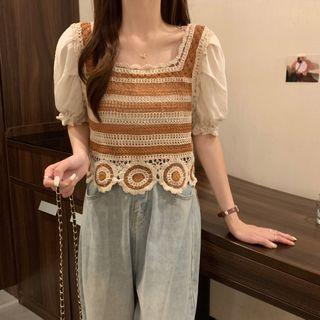 Puff-sleeve Striped Crochet Knit Top