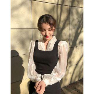 Open-placket Puff-sleeve Sheer Blouse
