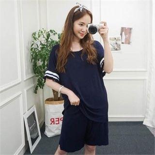 Set: Round-neck Frill-trim Top + Band-waist Shorts
