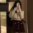Long-sleeve Contrast Trim Cable Knit Cardigan / Mini Skirt